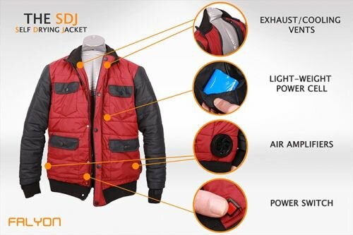 Futuristic Clothing, Back to the Future II self-drying jacket, SDJ-01 by Falyon Wearable Tech, Kickstarter, Wearable Electronics